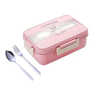 Imagem de 3 PCs Conjunto de Lunch Box Palha Trigo Compartimentos Recipientes para Comida com Kit Colher e Pauzinhos Aço Inoxidável à Prova Vazamento Livre BPA M