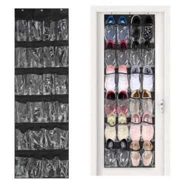 Imagem de KUAOOAUK Organizador de sapatos com 24 bolsos, suporte grande para pendurar na porta, bolso de malha para armário com 3 ganchos de metal, suporte organizador de joias para tênis masculino e feminino