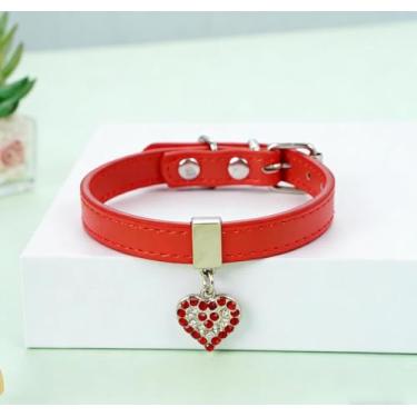 Imagem de Coleira de couro PU com strass e coração com alça macia, ajuste ajustável, leve e confortável para cães e gatos extra pequenos, vermelho PP