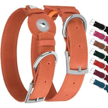 Imagem de Coleira de couro para cães com suporte para Airtag – Coleira para cães Apple Air Tag – Coleira macia para animais de estimação para cães pequenos, médios e grandes raças (tawny, P, ajuste de pescoço