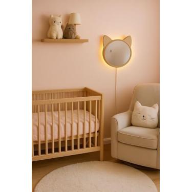 Imagem de Espelho Luminária de Parede Gato LED Decorativo 28x26cm 220V Quarto Infantil e Bercario