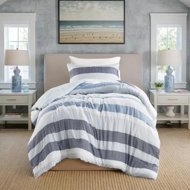 Imagem de Regency Heights Conjunto de edredom e fronha de solteiro listrado de 2 peças – Roupa de cama reversível de microfibra escovada macia para todas as estações, leve e respirável, lavável na máquina, azul