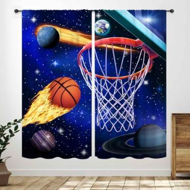 Imagem de Lnepty Cortinas de basquete para meninos, tema esportivo, galáxia, espaço sideral, bola de fogo, jogadores, adolescentes, homens, tratamentos legais para janela, quarto, sala de jogos, 2 painéis, 106