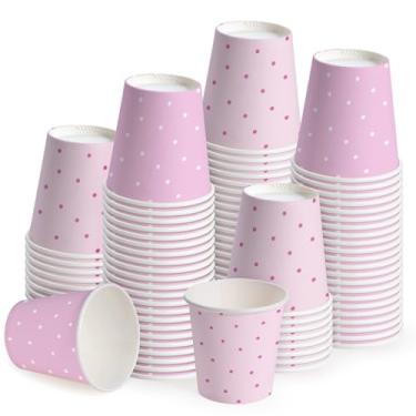 Imagem de WRAPAHOLIC Copos de papel de 85 g – Pacote com 100 copos de banheiro descartáveis com design de pontos rosa e branco, pequeno copo de enxaguante bucal para enxágue de escova de dentes, banheiro