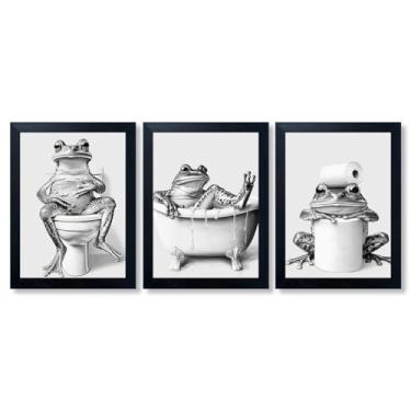 Imagem de 3 peças sapo decoração de parede de banheiro moldura preta sapo engraçado na banheira animal com papel higiênico impressão de arte em tela decoração de banheiro