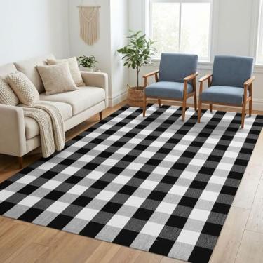 Imagem de KILOCOCO Tapete xadrez de búfalo 1,5 m x 1,8 m preto e branco tapetes de algodão tecido à mão lavável interior tapete xadrez de búfalo em camadas para porta da frente/varanda / casa de fazenda/entrada/pátio