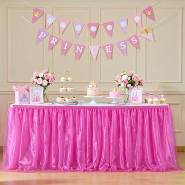 Imagem de Saia de mesa de tule rosa choque para mesas retangulares, saia de mesa rosa choque plissada de 1,8 m para casamento, chá de bebê, festa de aniversário, decoração de banquetes, saias de mesa de tule