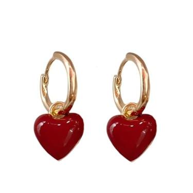 Imagem de Brincos femininos com pingente de coração de amor, coração, esmaltado, brincos de argola para presente de Dia dos Namorados, branco, verde, preto, vermelho, vermelho, presente, Liga de aço, Sem pedra