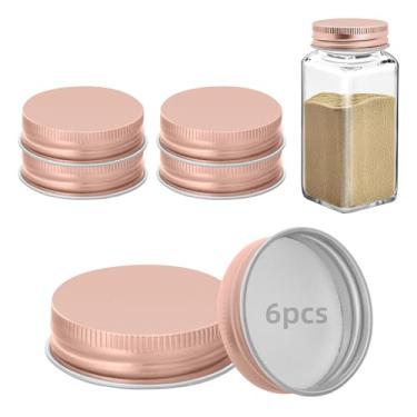 Imagem de 6 tampas de pote de ferro para potes quadrados de 113 g e 170 g reutilizáveis latas herméticas de armazenamento de especiarias para cozinha de vedação agradável (ouro rosa)