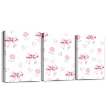 Imagem de Arte de parede em tela com laço para sala de estar, decoração de parede com estampa de coração de amor de flor rosa para quarto escritório, pintura de parede estilo princesa feminina, impressões, arte