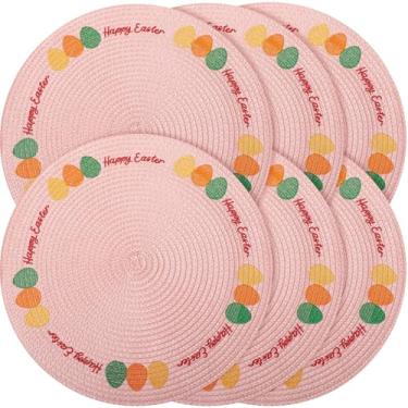 Imagem de Remerry Conjunto de 6 conjuntos de jogo americano rosa redondo de Páscoa aquarela com ovos bordados, lavável, antiderrapante, resistente ao calor, 33 cm, tapete de mesa de jantar de primavera para