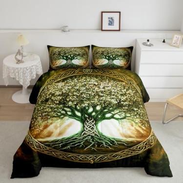 Imagem de Castle Fairy Jogo de cama Queen com estampa de árvore da vida, arte amarela, microfibra supermacia, para adultos e homens, conjunto de edredom decorativo com árvore boêmia estilo exótico, 3 peças