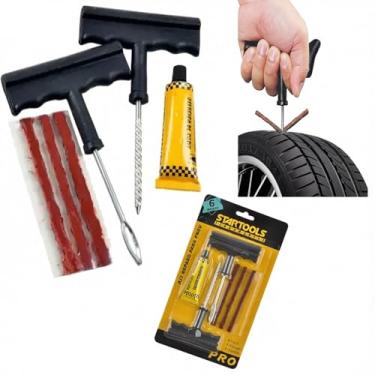 Imagem de Kit Conserto Rápido de Pneu Sem Câmara (Macarrão) | Reparo Emergencial para Carro, Moto e Bicicleta | Escareador, Aplicador, Cola e 3 Reparos | Compacto e Seguro