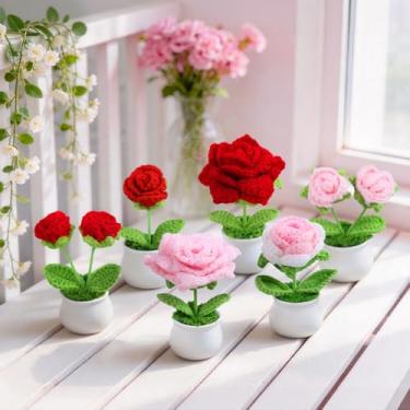 Imagem de Eforcase 6 peças de vaso de flores de crochê, flores pequenas de crochê de rosas fofas para o dia das mães, presentes de dia dos namorados para mãe, esposa, namorada, decoração de mesa de aniversário