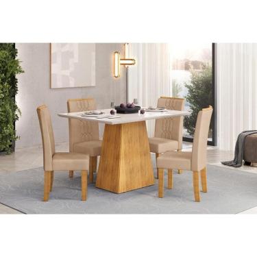 Imagem de Conjunto: Mesa de Cozinha Dulce c/ Tampo Madeirado c/ Vidro Reto 120x90cm e 4 Cadeiras Zoe Cedro/Off White - Suede Creme - DJ Móveis