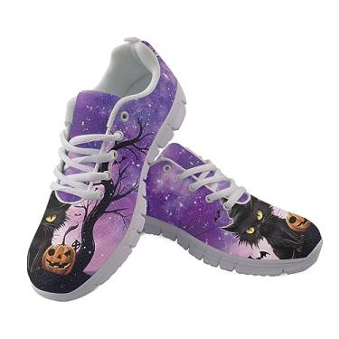 Imagem de GIFTPUZZ Tênis esportivo feminino para caminhada, tênis de corrida, cano baixo, antiderrapante, cadarço, tamanho 34 a 44, Halloween Galaxy Black Cat Pumpkin, 37