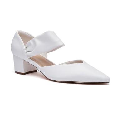 Imagem de Salto bloco feminino confortável com tira fechada bico fino salto baixo grosso sapato vestido festa casamento trabalho baile, Poliuretano branco, 7 Wide