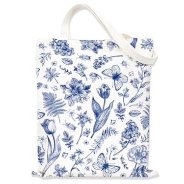 Imagem de Sacola elegante de flores silvestres azuis para mulheres e meninas, bolsas de tecido com alças, sacola com tema floral, sacolas fofas para mulheres, bolsa de compras reutilizável para viagens, compras