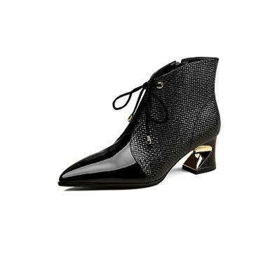 Imagem de TinaCus Bota feminina de bico fino e couro envernizado feita à mão com zíper e salto grosso médio, Preto, 36