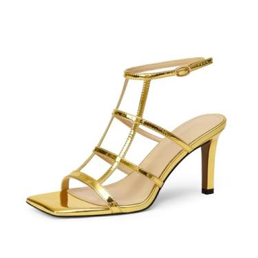 Imagem de Adolilove Sandálias femininas de salto alto com tiras de 7,6 cm e bico aberto, couro envernizado, sapatos de festa sexy, Dourado, 35