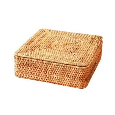Imagem de Cesta de armazenamento de vime feita à mão, armazenamento de mesa, artigos diversos, frutas secas, cesta quadrada de armazenamento com tampa