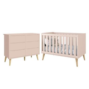 Imagem de Jogo De Quarto Infantil Theo Cômoda 6 Gavetas E Berço Rosa Fosco Com Pés Madeira Natural Reller Móveis Rosa Fosco