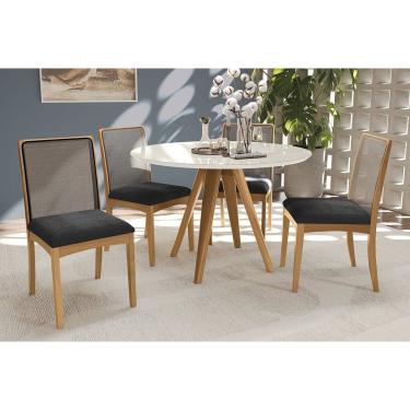 Imagem de Sala Jantar Mesa Duna Premium Madeira Maciça c/ Tampo Madeirado c/ Vidro 120x120cm e 4 Cadeiras Lara Carvalho/Off White - Boucle Chumbo - Kappesberg