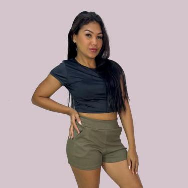 Imagem de Short Feminino Cintura Alta Com Bolso Malha Conforto Casual Cor:CinzaT