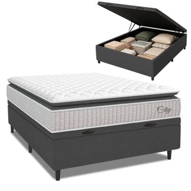 Imagem de Cama Box Baú Colchão Casal Molas Ensacadas City Pillow Top 138x188x64cm Branco / Cinza Hellen - Supo