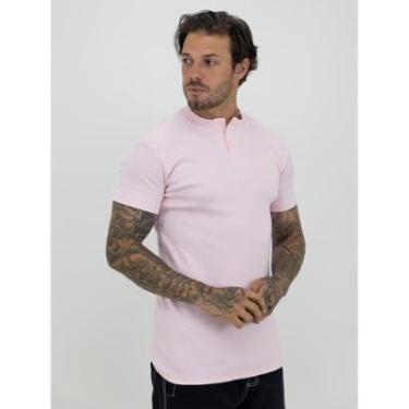 Imagem de Camiseta Slim Canelada Com Botão Lisa Estilo Americano Streetwear Justa ao Corpo Ribana Rosa-Masculino