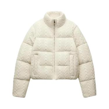 Imagem de Jaqueta Feminina Branca De Gola Alta Em Algodão Grosso Tricotado, Eleg