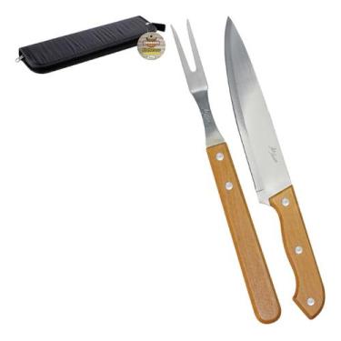 Imagem de Estojo Kit Churrasco Faca E Garfo Cabo Madeira Inox Com Case - Art Hou