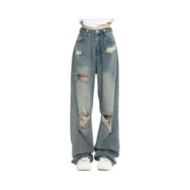 Imagem de Calças Jeans Americanas Retro De Cintura Alta E Pernas Largas Com Deta