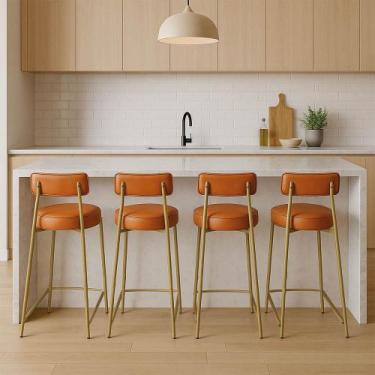 Imagem de Banqueta Cozinha Alta com Encosto Industrial Dourado Kit 4 Londres PU 