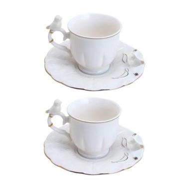 Imagem de Jogo 2 Xícara De Café Porcelana Birds Branca Fio Dourado Pássaro Com P