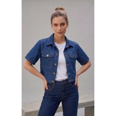 Imagem de Jaqueta Jeans Feminina Cropped Manga Curta Botões e bolsos Denim Colet