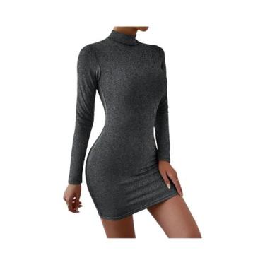 Imagem de Vestido Mini Plissado Feminino Slim Fit Com Gola Alta E Manga Longa, J