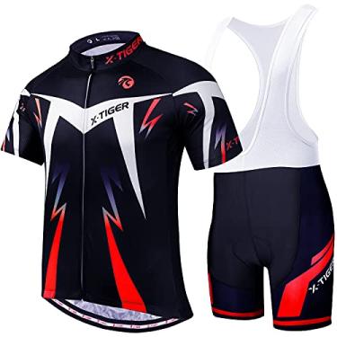 Imagem de Conjunto de camisa de ciclismo masculino X-Tiger, conjunto de manga curta para ciclismo com Bretelle acolchoados de gel 5D, conjunto de roupas de ciclismo para MTB Road Bike Black Red (P)