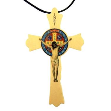 Imagem de Pingente de crucifixo de São Bento de madeira de presente religioso, 5 cm