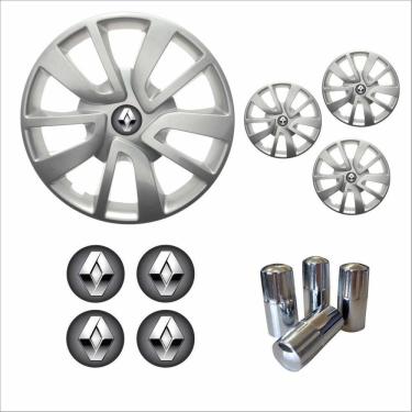 Imagem de Jogo Calota Aro 15 Sandero Logan 2014 à 2020 Renault + Emblema Resinado + Tampa Ventil Cromada