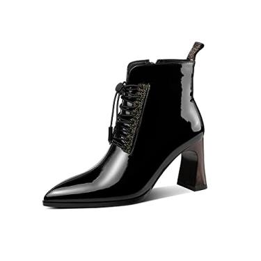 Imagem de TinaCus Bota feminina feita à mão em couro envernizado com strass na frente e bico fino com cadarço médio e salto grosso, Preto, 9.5