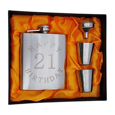 Imagem de Conjunto de cantil de aniversário de 21 anos - frasco de 200 ml gravado com "Happy 21 Birthday"