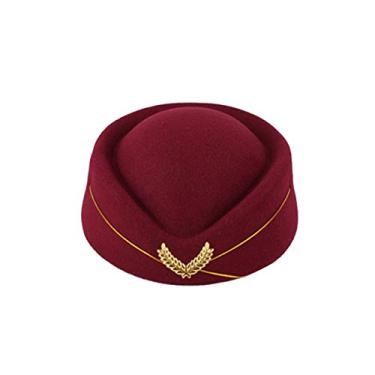 Imagem de Chapéu feminino de comissária de bordo de lã para aeromoça para cosplay performance musical, Wine Red, tamanho �nico