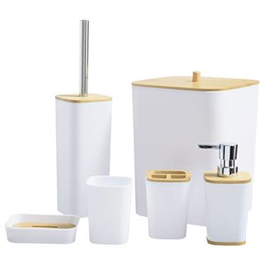 Imagem de Kit Banheiro Conjunto Completo Lixeira 6 Peças Branca/Tampa Bambú