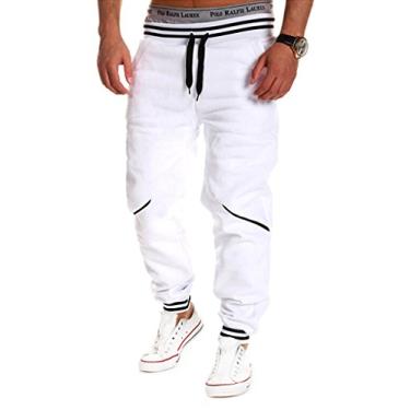 Imagem de Bestgift Calça masculina solta de algodão esportiva calça comprida branca 4GG