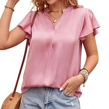 Imagem de Blusa feminina casual de manga curta, camiseta com gola em V para o verão simples, manga com babados, pulôver, rosa, GG (busto: 114 cm)