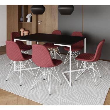 Imagem de Mesa Jantar Industrial Preta Base V 137x90cm C/ 6 Cadeiras Estofadas Vermelhas Eiffel Aço Branco