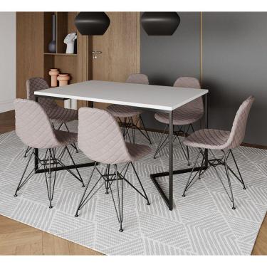 Imagem de Mesa Jantar Industrial Branca 137x90cm Base V com 6 Cadeiras Estofadas Nude Médio Eiffel Aço Preto