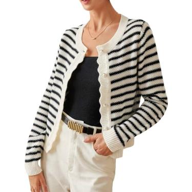 Imagem de COZYEASE Cardigã feminino com padrão listrado francês leve com botões e botões abertos na frente, Preto e branco, G