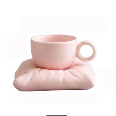Imagem de Baroflone Xícaras de chá e pires, caneca de café com pires de travesseiro, conjunto de canecas de café com porta-copos 220 ml, xícara de chá criativa para leite latte e chá - rosa